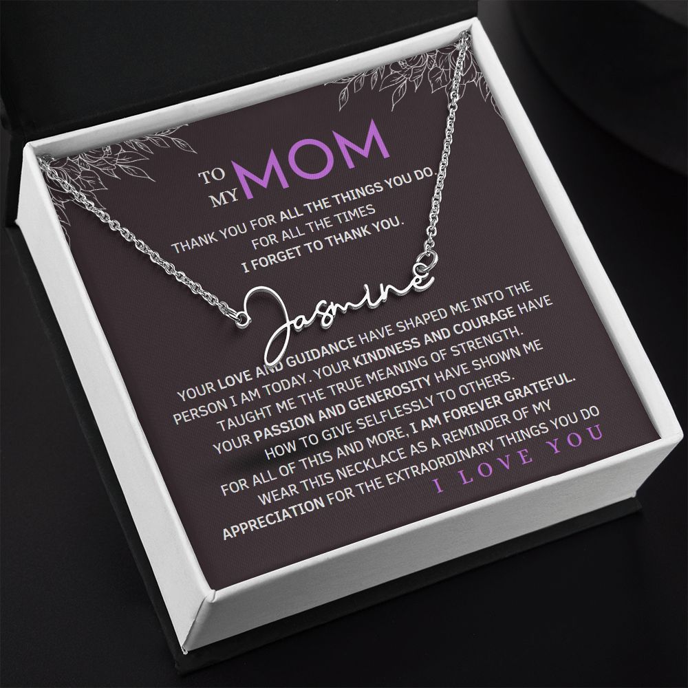 To My Mom Signature Style Name Necklace Message Card for All Necklace Jewelry with dark background From Son Daughter Gift Anniversary Birthday Mothers day
