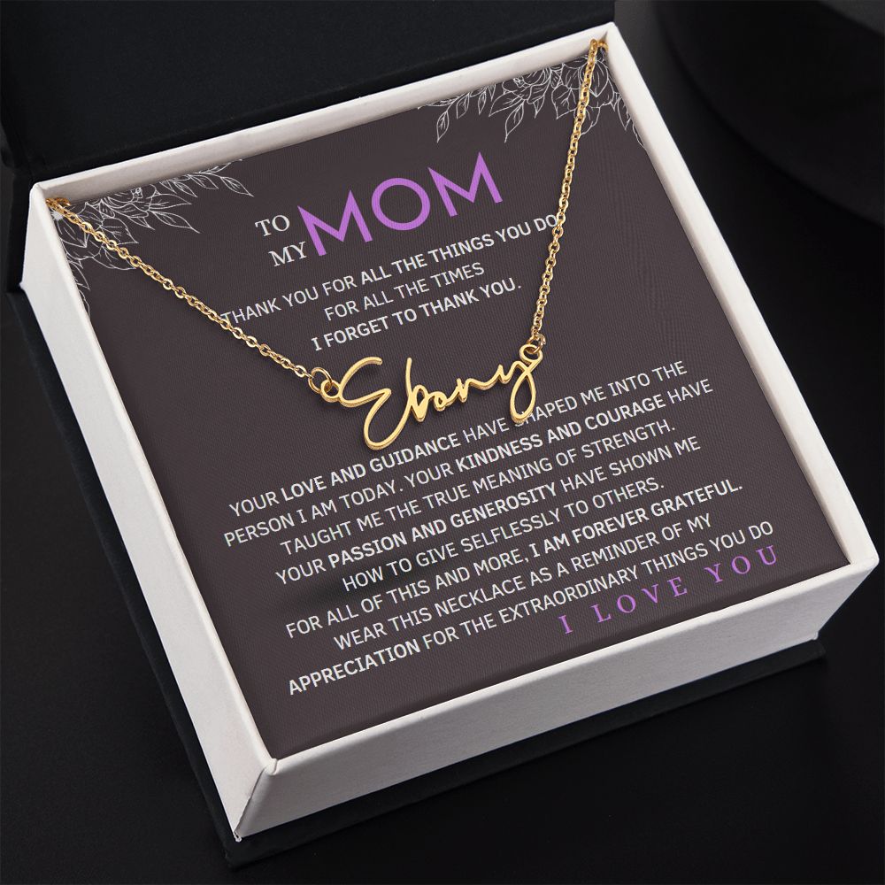 To My Mom Signature Style Name Necklace Message Card for All Necklace Jewelry with dark background From Son Daughter Gift Anniversary Birthday Mothers day