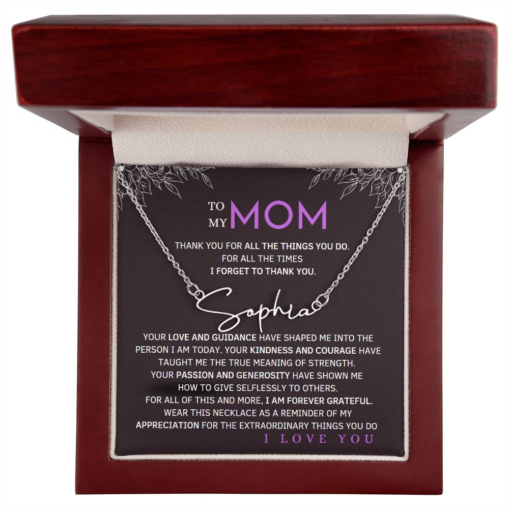 To My Mom Signature Style Name Necklace Message Card for All Necklace Jewelry with dark background From Son Daughter Gift Anniversary Birthday Mothers day