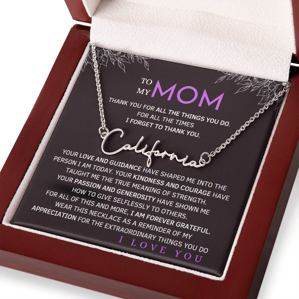 To My Mom Signature Style Name Necklace Message Card for All Necklace Jewelry with dark background From Son Daughter Gift Anniversary Birthday Mothers day