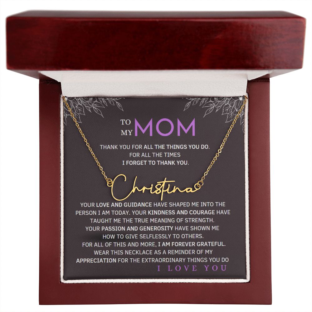 To My Mom Signature Style Name Necklace Message Card for All Necklace Jewelry with dark background From Son Daughter Gift Anniversary Birthday Mothers day