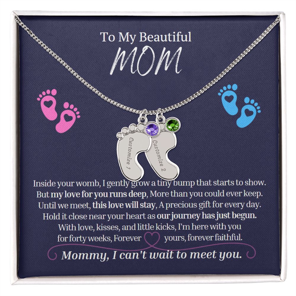 To My Mommy Mom to Be Custom Baby Feet Necklace with Birthstone, Baby Shower Gift, Expecting Mother Pregnancy Gift set