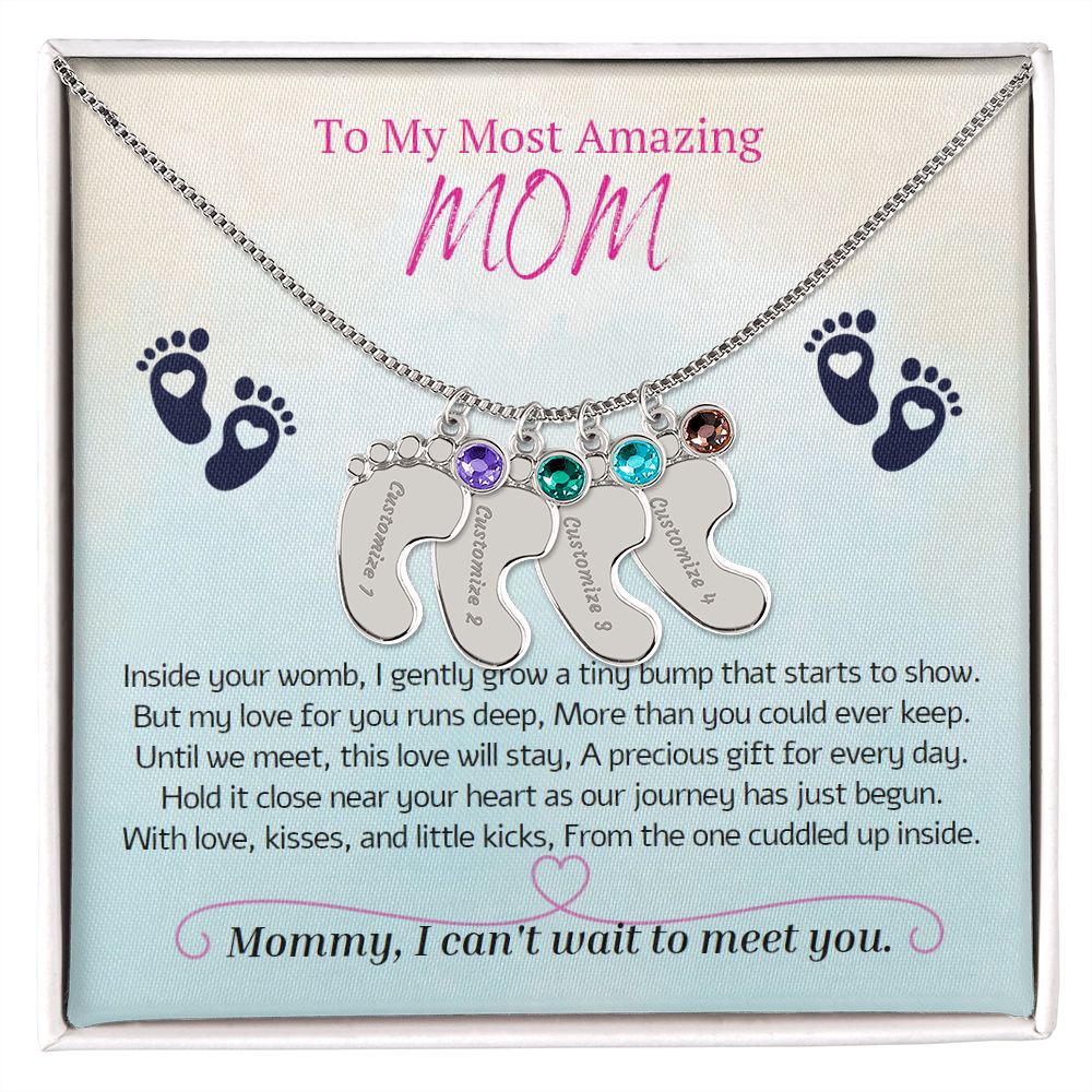 To My Most Amazing MOM, To My Mommy, Mom to Be, Custom Baby Feet Necklace with Birthstone, Baby Shower Gift, Expecting Mother Pregnancy Gift