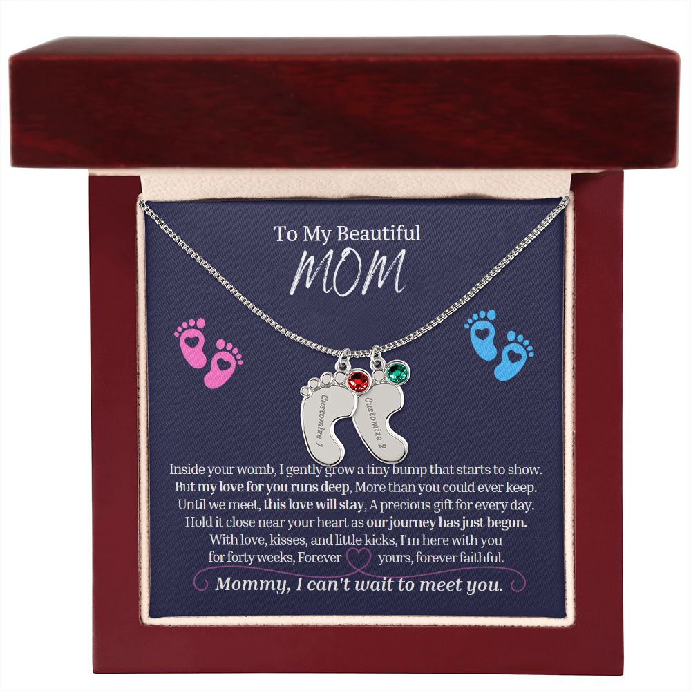 To My Mommy Mom to Be Custom Baby Feet Necklace with Birthstone, Baby Shower Gift, Expecting Mother Pregnancy Gift set