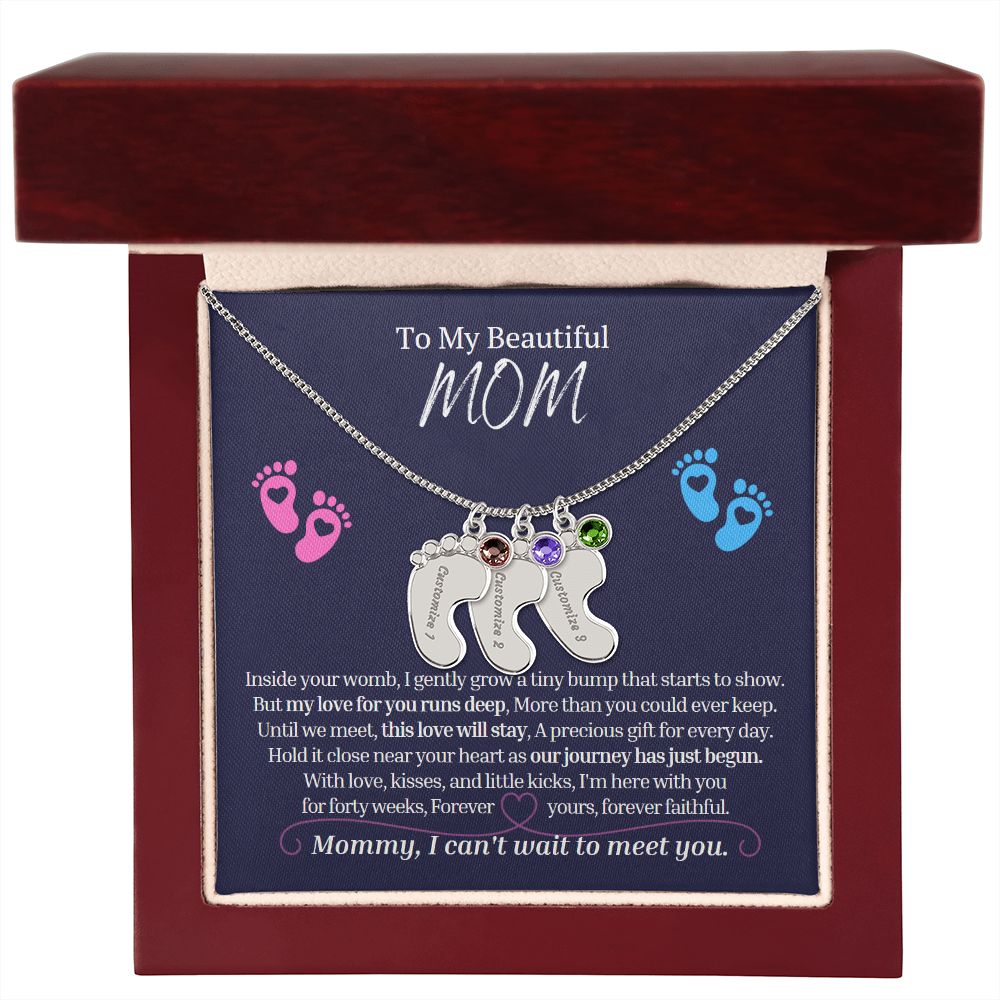 To My Mommy Mom to Be Custom Baby Feet Necklace with Birthstone, Baby Shower Gift, Expecting Mother Pregnancy Gift set