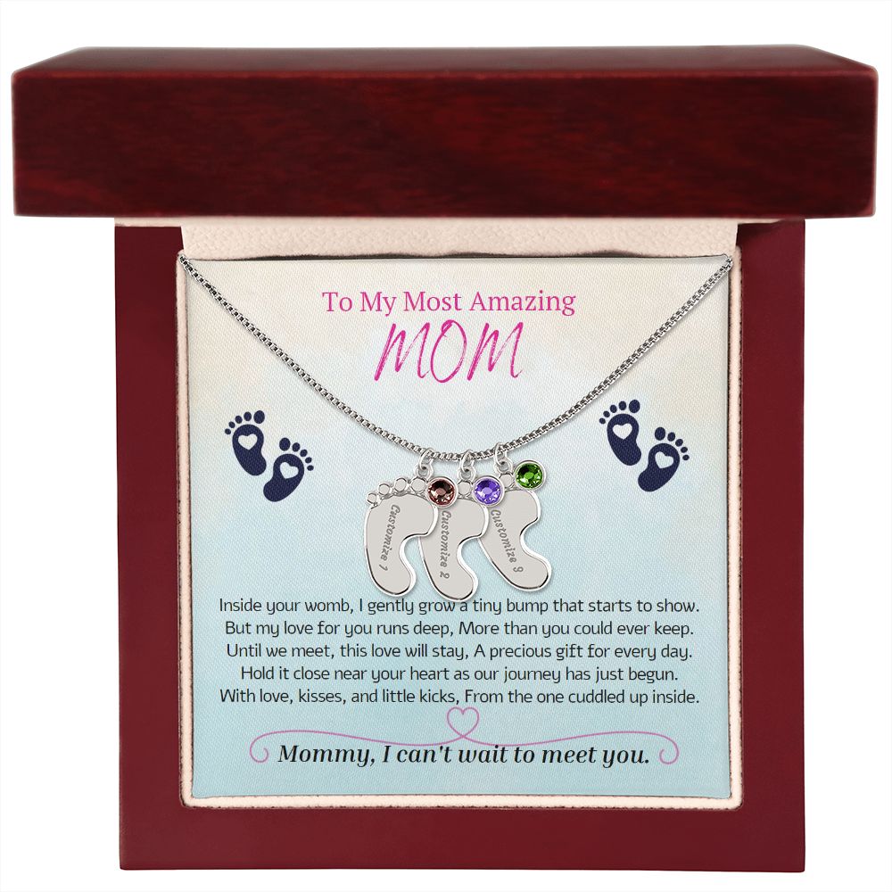 To My Most Amazing MOM, To My Mommy, Mom to Be, Custom Baby Feet Necklace with Birthstone, Baby Shower Gift, Expecting Mother Pregnancy Gift