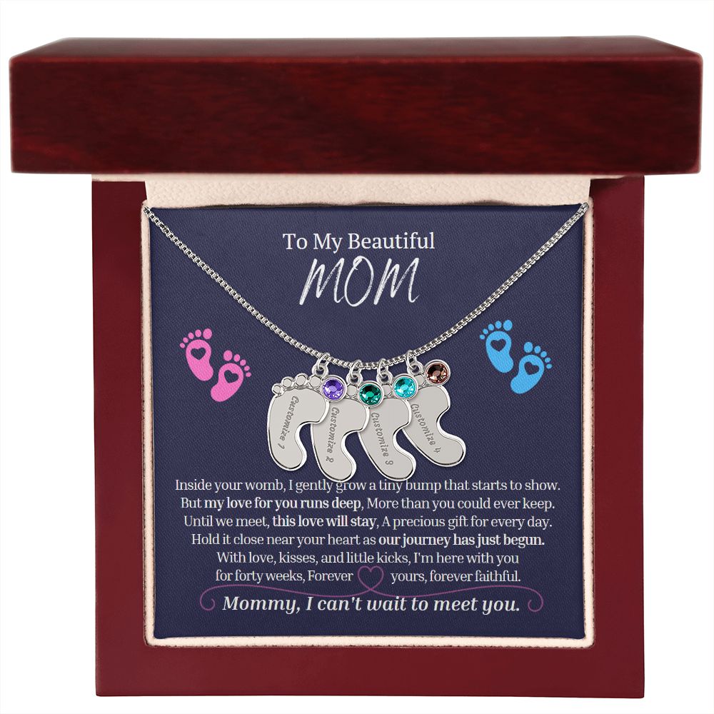 To My Mommy Mom to Be Custom Baby Feet Necklace with Birthstone, Baby Shower Gift, Expecting Mother Pregnancy Gift set