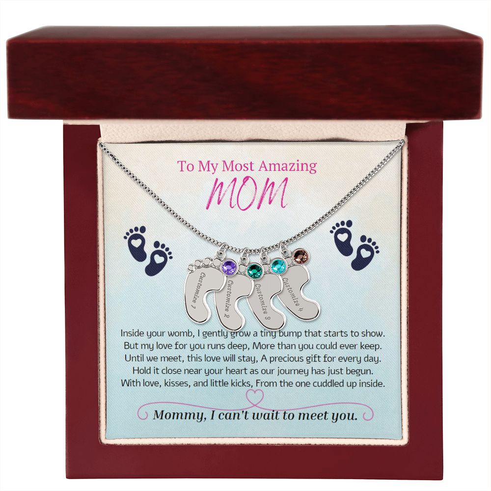 To My Most Amazing MOM, To My Mommy, Mom to Be, Custom Baby Feet Necklace with Birthstone, Baby Shower Gift, Expecting Mother Pregnancy Gift