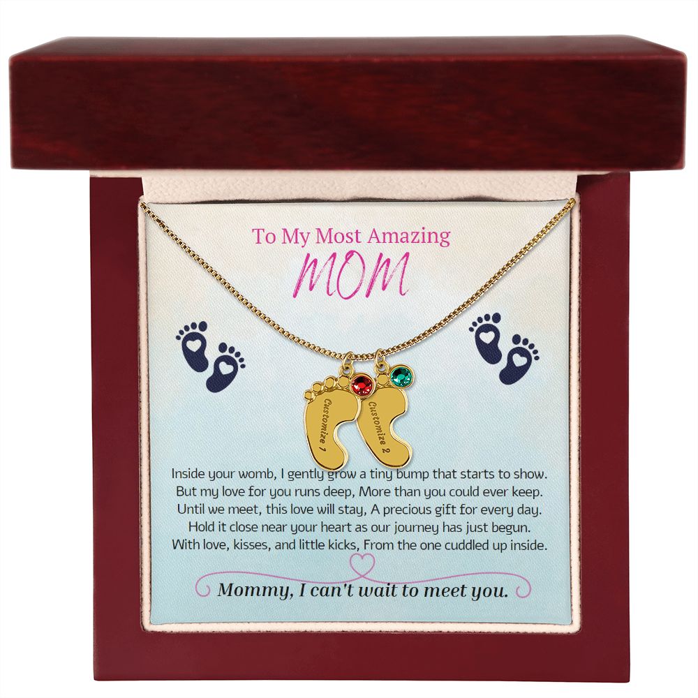 To My Most Amazing MOM, To My Mommy, Mom to Be, Custom Baby Feet Necklace with Birthstone, Baby Shower Gift, Expecting Mother Pregnancy Gift