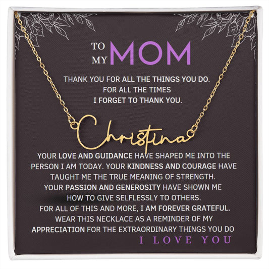 To My Mom Signature Style Name Necklace Message Card for All Necklace Jewelry with dark background From Son Daughter Gift Anniversary Birthday Mothers day