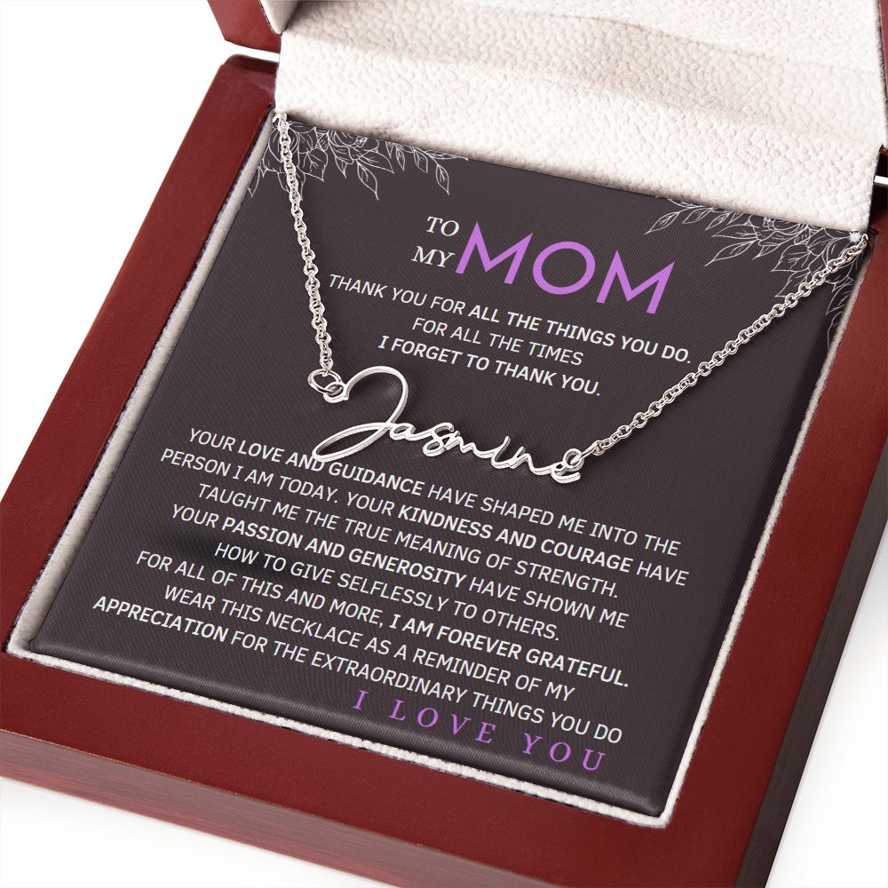 To My Mom Signature Style Name Necklace Message Card for All Necklace Jewelry with dark background From Son Daughter Gift Anniversary Birthday Mothers day