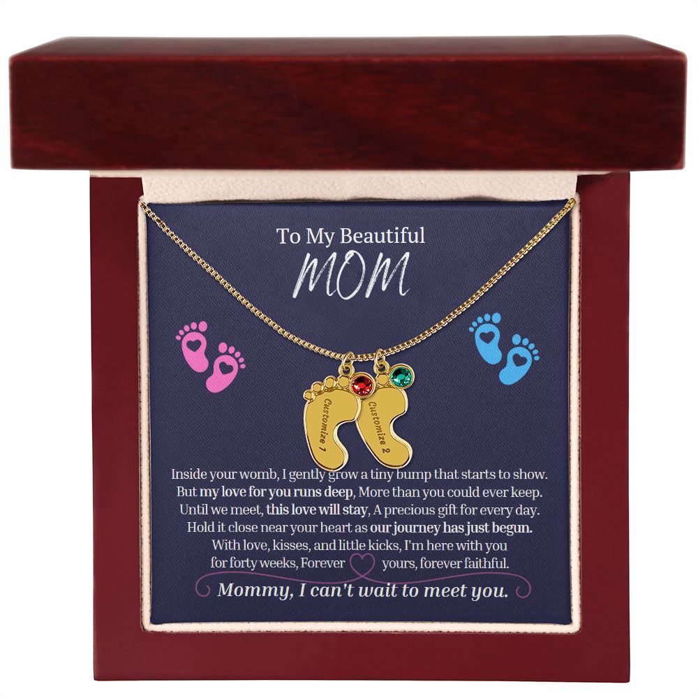 To My Mommy Mom to Be Custom Baby Feet Necklace with Birthstone, Baby Shower Gift, Expecting Mother Pregnancy Gift set